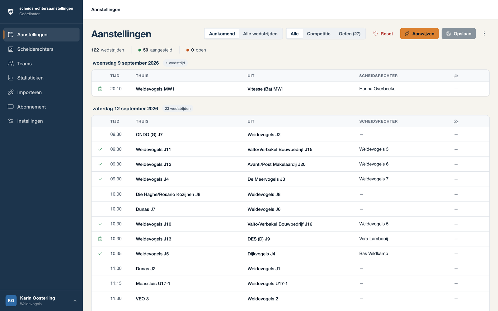 Coordinator-dashboard met het wedstrijdschema en de aanstellingen