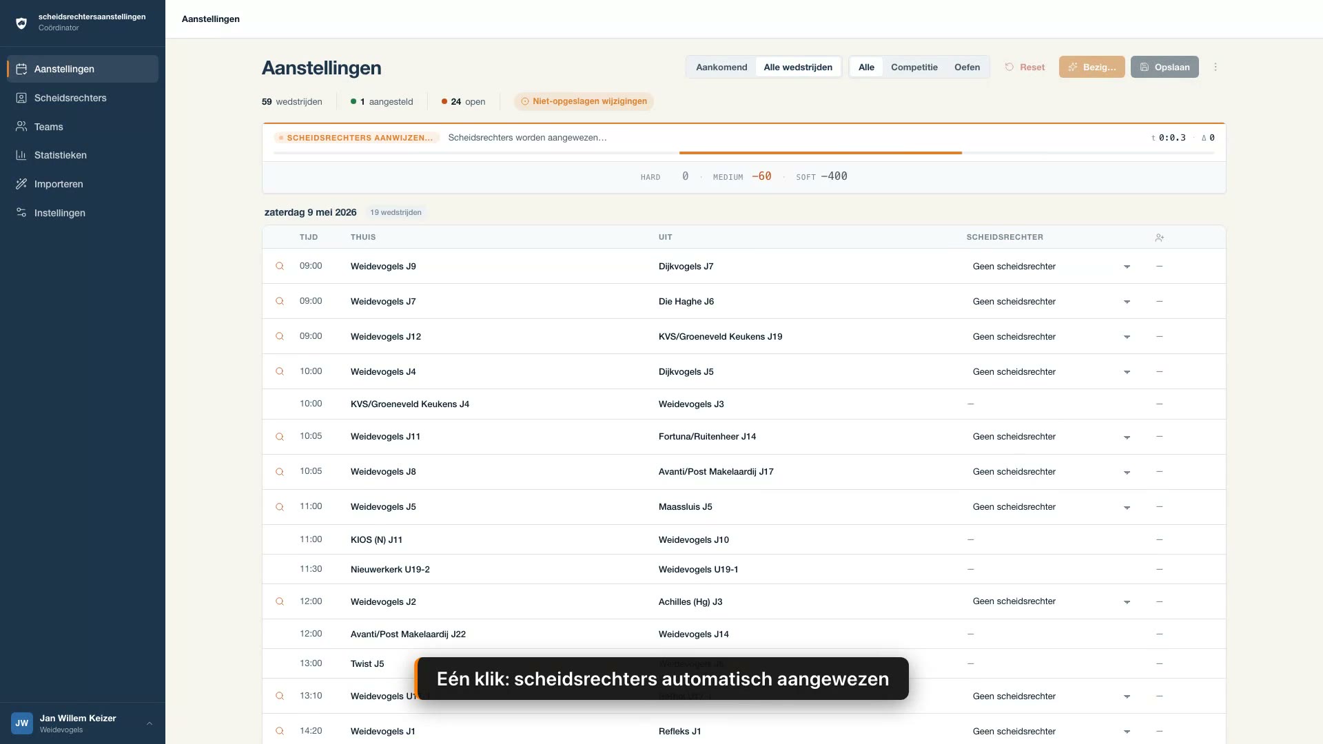 Co&ouml;rdinator-dashboard met automatisch gegenereerde scheidsrechtersindeling voor een speelronde