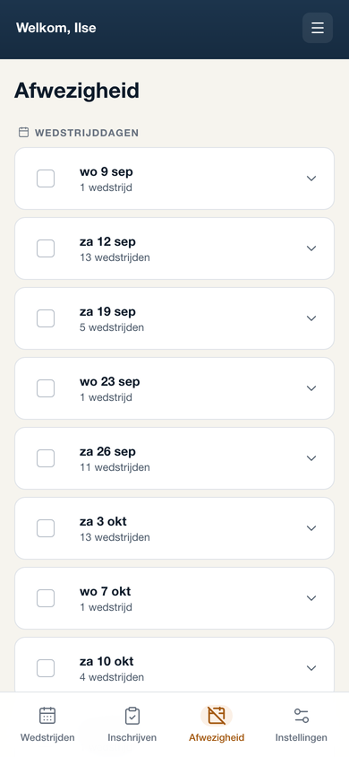 Afwezigheid doorgeven in het portaal: wedstrijddagen aanvinken of een hele periode toevoegen