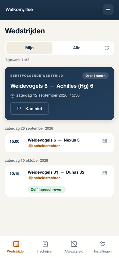 Wedstrijdenoverzicht in het portaal met de eigen aanstellingen van een scheidsrechter