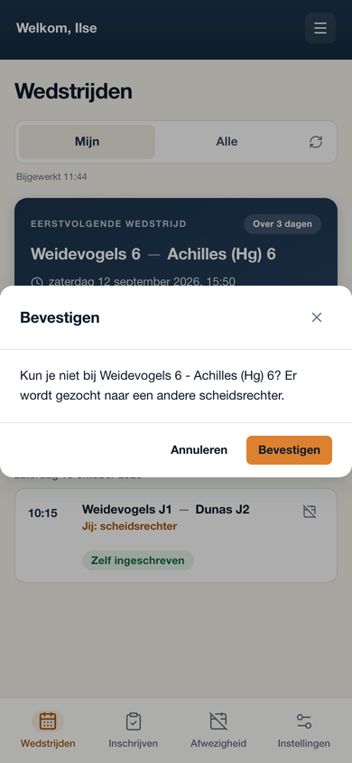 Bevestiging van een afmelding in het portaal, waarna een andere scheidsrechter wordt gezocht