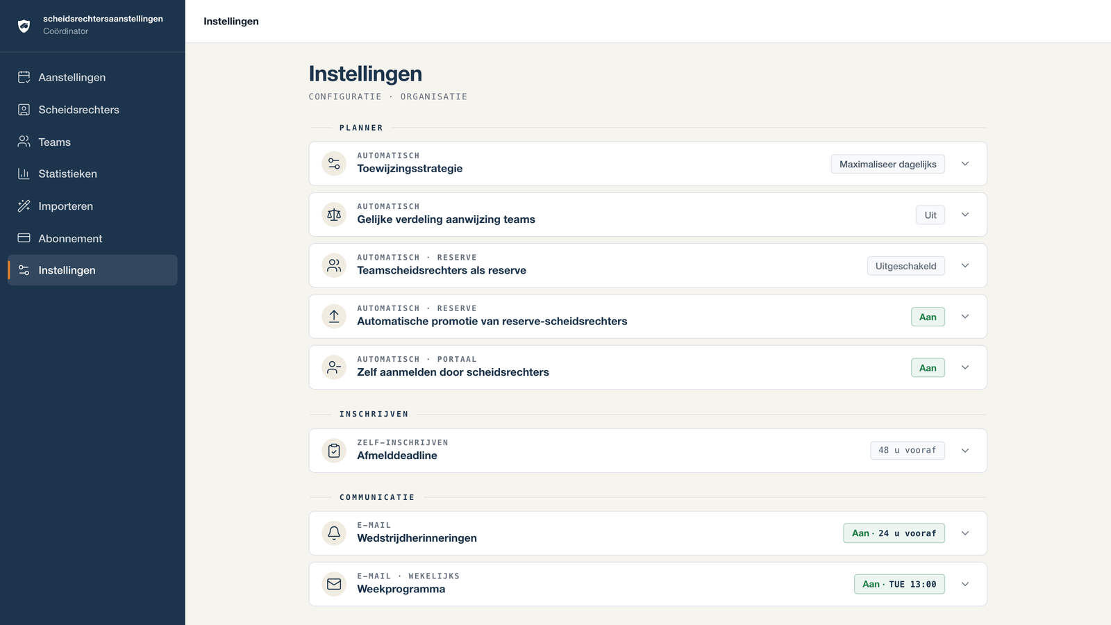Instellingenscherm met de keuzes voor planner, inschrijven en e-mail