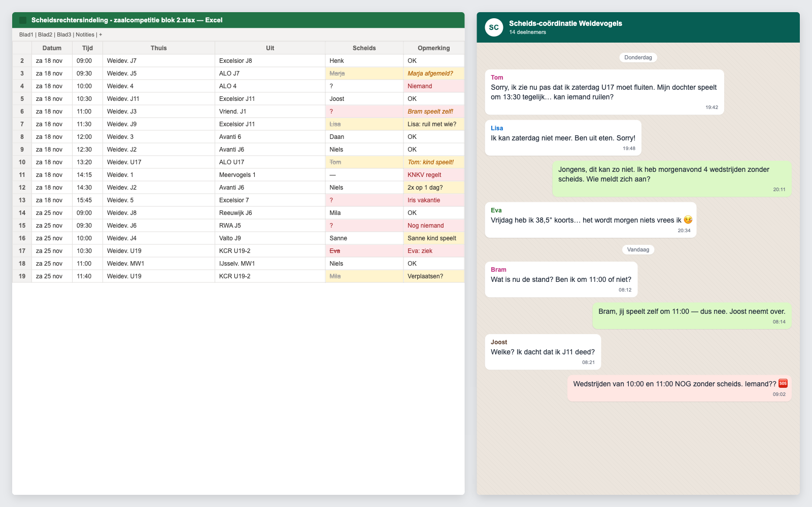 Chaotisch Excel-bestand met WhatsApp-berichten over scheidsrechters